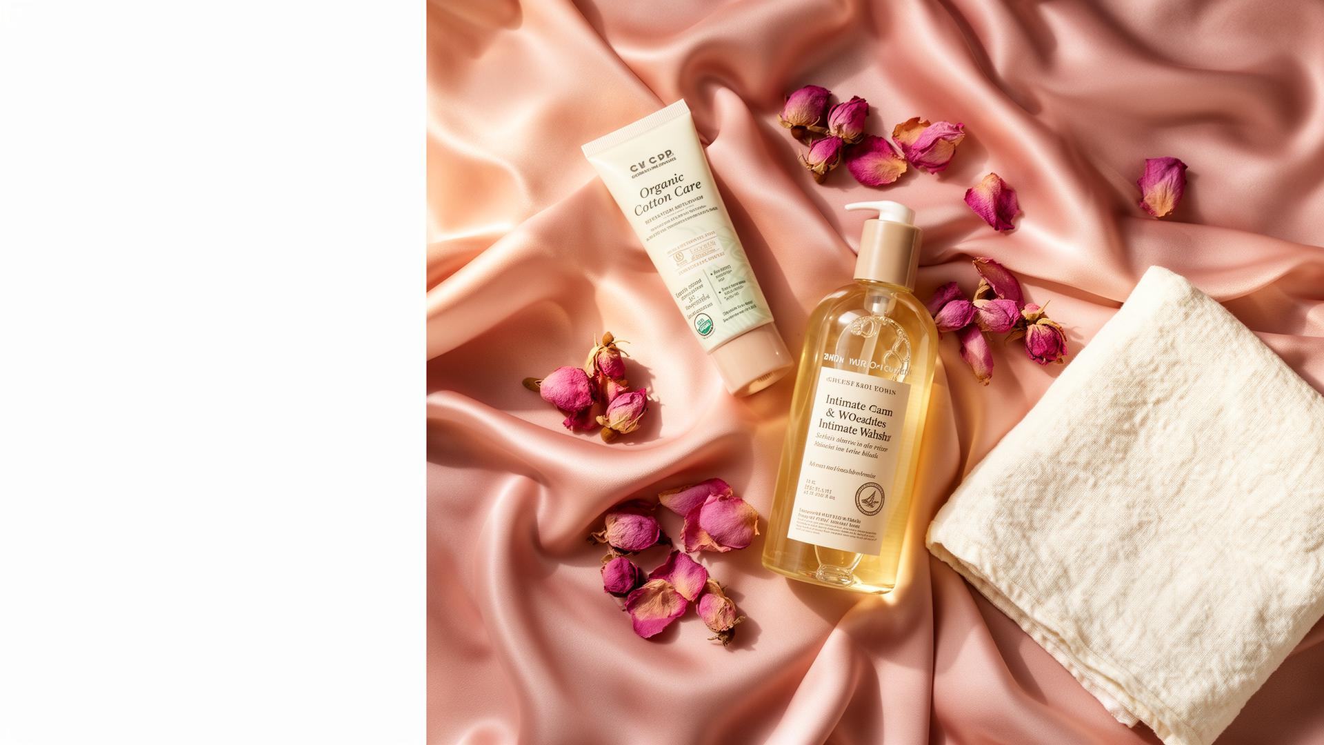 Premium period care essentials arranged on blush silk fabric
